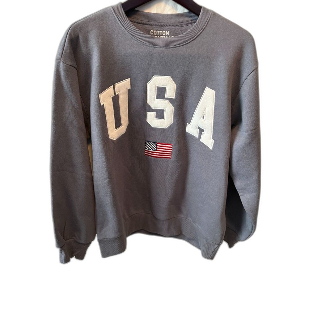 Cotton Essentials USA Flag Crewneck Sweatshirt Blue/Gray Size